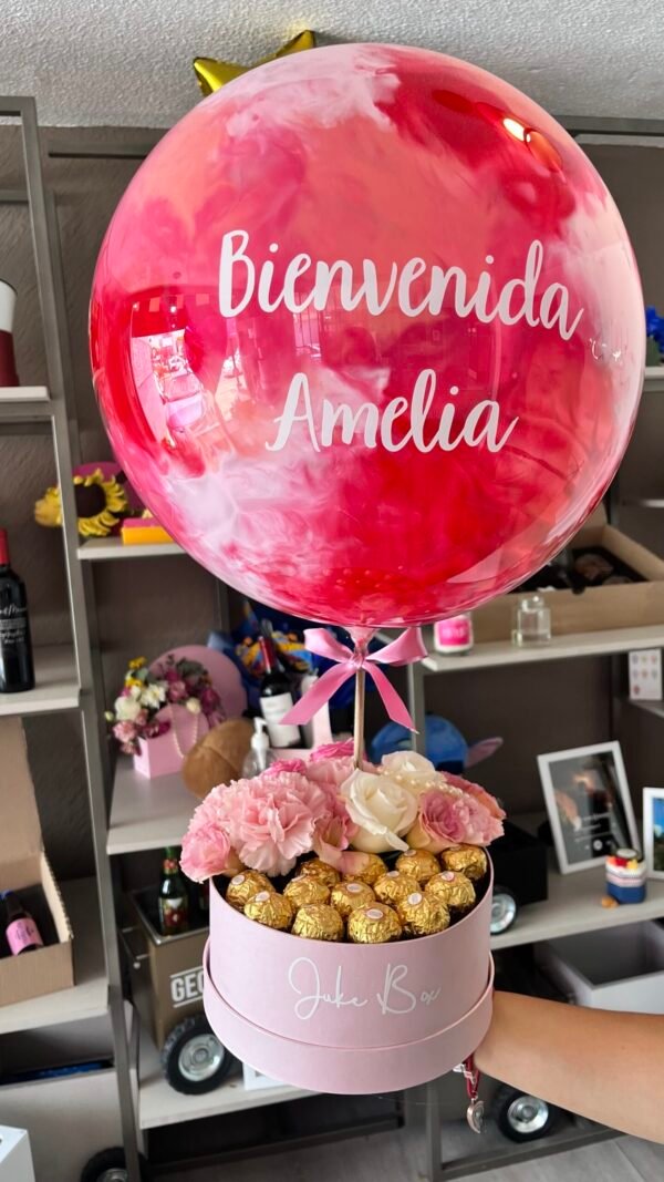 Globo, flores y chocolates